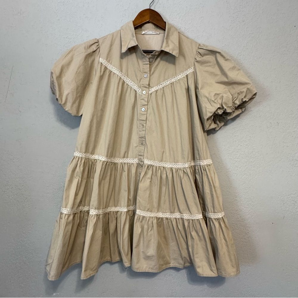 In The Beginning Beige Dress with Puff Sleeves - Picture 2 of 9